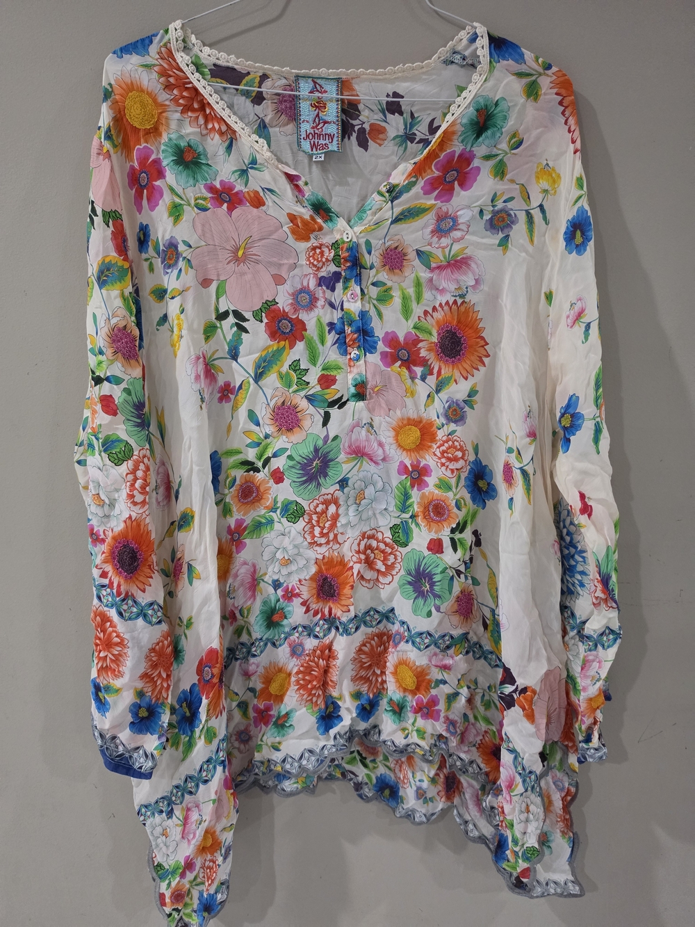 Johnny Was 2X Floral Silk Blouse Tunic Multicolor Boho Button Front Top